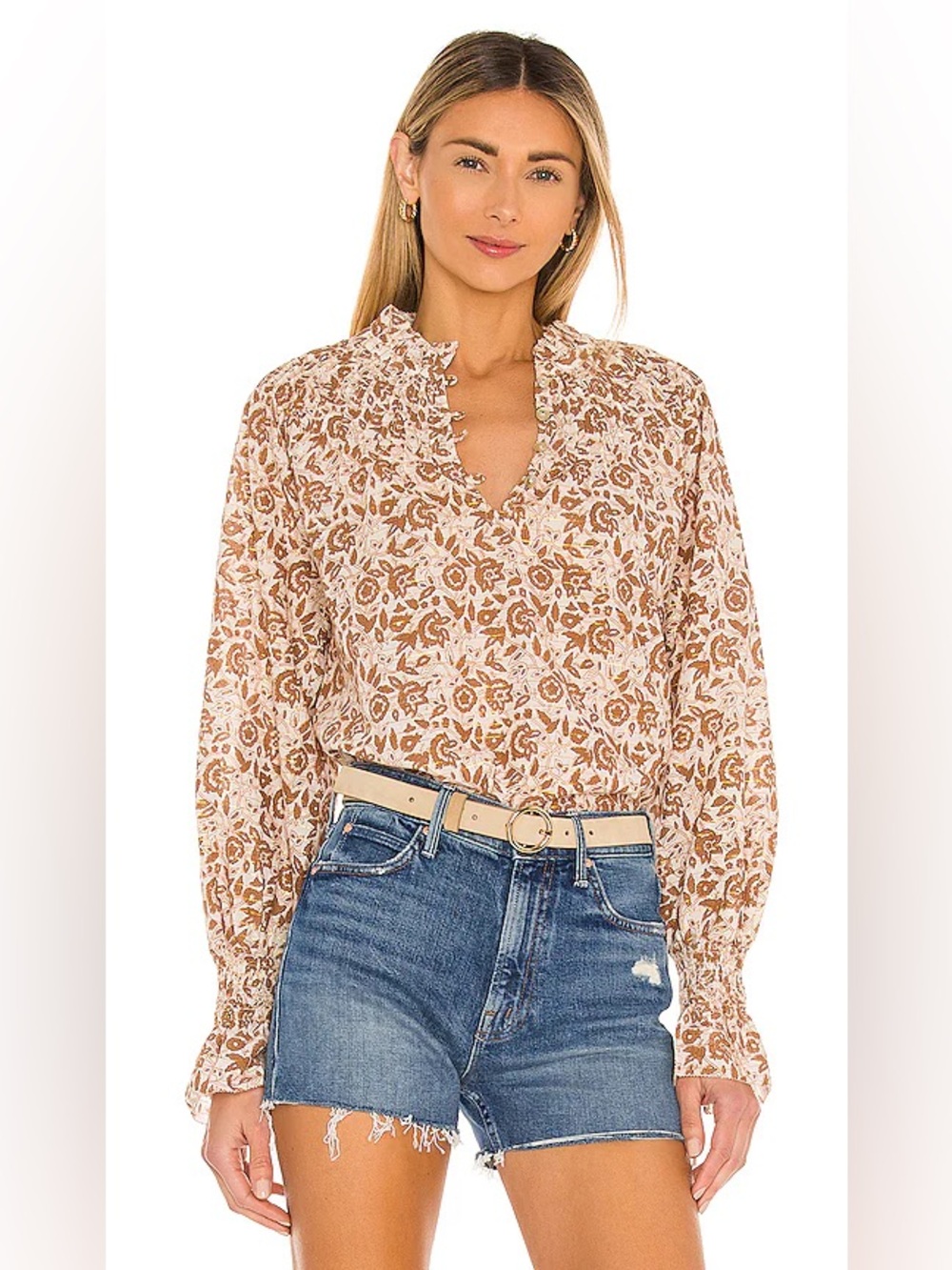 Cleobella Cream and Brown Floral V-Neck Long Sleeve Blouse